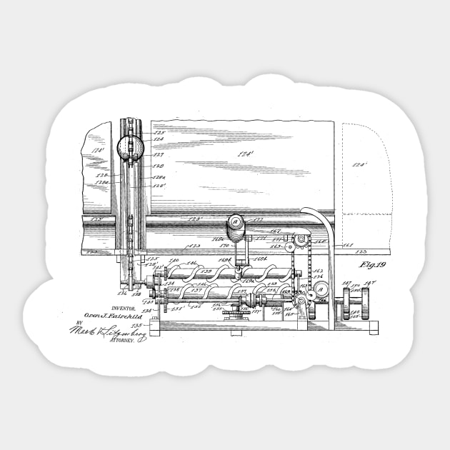 Automatic Bowling Mechanism Vintage Patent Hand Drawing Sticker by TheYoungDesigns